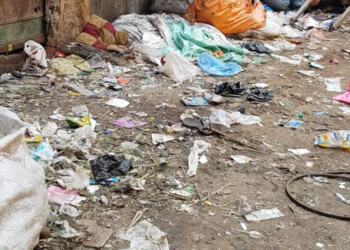 Müll wird am Wegesrand gelagert und wartet auf seine Verwertung Eine Straße im Müllviertel